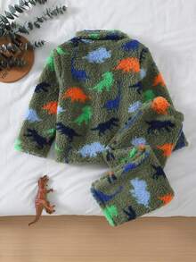 Boys' Colorful Cute Dinosaur Print Long Sleeve Top And Pants Fleece 2-Piece Set, Casual Autumn/Winter Loungewear - Multicolor - View 3