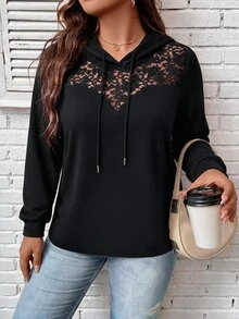 SHEIN LUNE CURVE بلوزة رياضية نسائية مقاس كبير للربيع/الخريف كاجوال بتصميم بسيط للتنقل اليومي متعددة الاستخدامات من قماش الدانتيل مع تصميم شبكي مرقع بغطاء رأس وحبل شد، بلون موحد - الأسود - مشاهدة 8