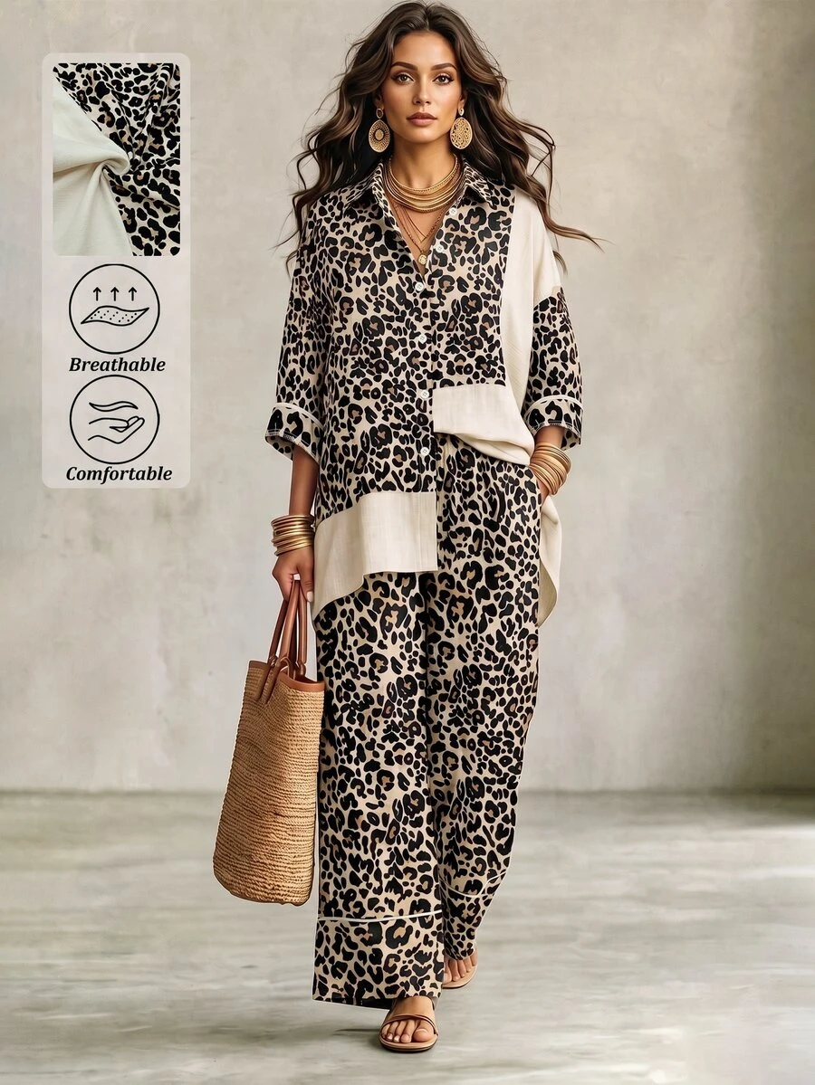 Linhara CURVE Women's Casual Lapel Leopard Print Patchwork Blouse And Elastic Waist Wide Leg Plaid Long Pants 2 Pieces Set, Suitable For Daily Commute And Outing - Multicolor - View 1