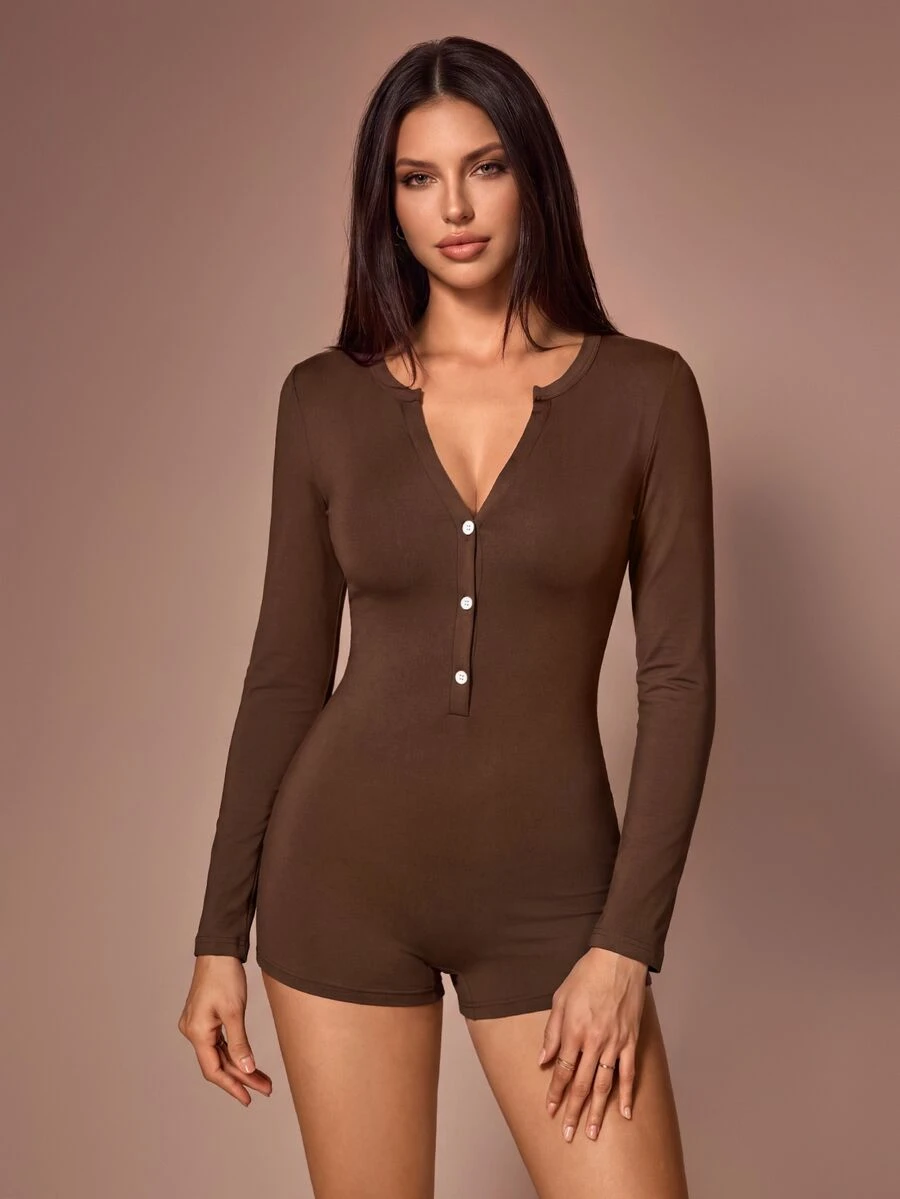 Lazeform Women's Solid Color Casual Daily Long Sleeve Romper - Brown - View 1