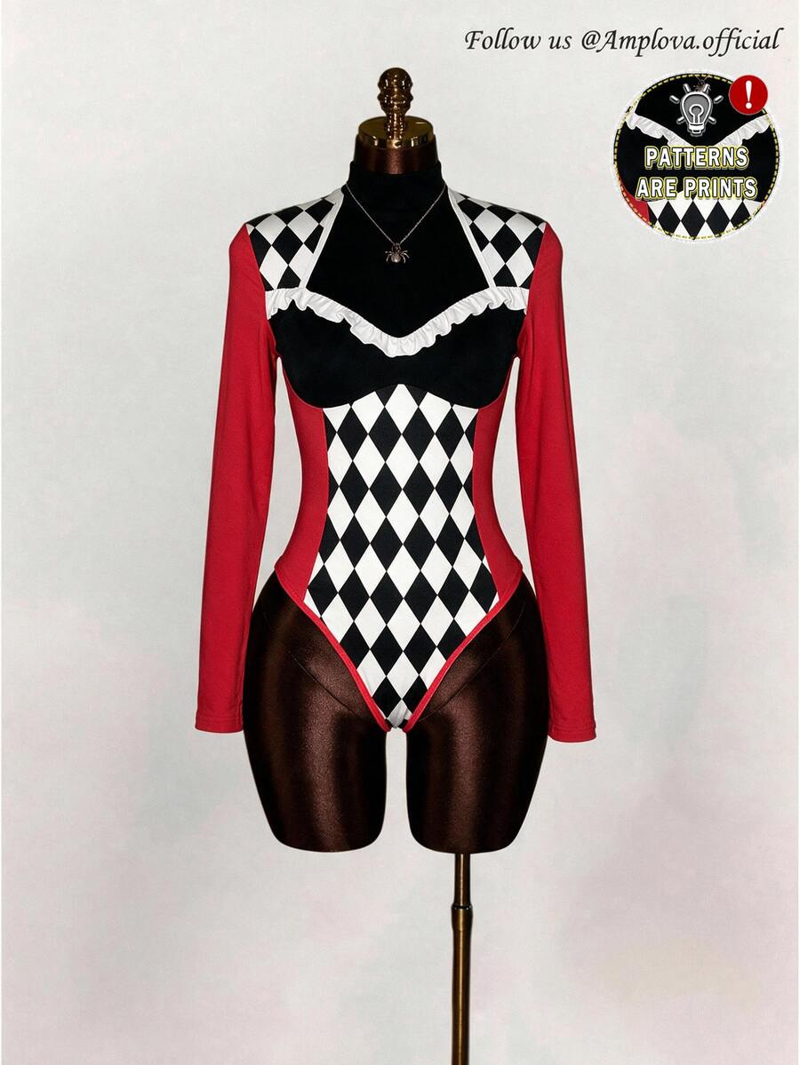 Amplova Women's Small High Neck Long Sleeve Fitted Bodysuit, Suitable For Autumn/Winter And Summer - Multicolor - View 1
