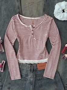 SHEIN Tween Girl 童女兒童針織粉色條紋寬鬆大碼大圓領長袖休閒蕾絲拼接下擺T恤 - 鏽棕色 - 查看 6