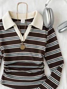 SHEIN Tween Girls Tween Girl Tween Girl Autumn Coffee Striped Lace Trim Patchwork Long Sleeve T-Shirt Casual Daily Holiday - Coffee Brown - View 4