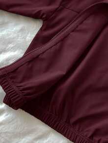 SHEIN 女童小女孩拼色條紋拉鍊外套配蝴蝶結、鬆緊腰長褲，復古套裝，日常穿著校園返校裝 - 酒紅色 - 查看 8