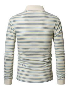Calvornis Men's Striped Casual Long Sleeve Polo Shirt For Daily Wear - White - View 2