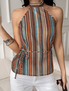 Livesso Women's Striped Backless Halter Top With Back Tie For Vacation - Orange - View 4