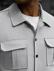 Manfinity CasualCool Setelan Kemeja dan Celana Lengan Panjang Warna Polos Kasual Pria, Pakaian Musim Gugur - Grey - View 5