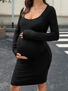 DAZY Solid Color Fitted Square Neck Short Dress, Elegant & Sexy, Vacation, Spring/Autumn, Maternity Dress - Black - View 7