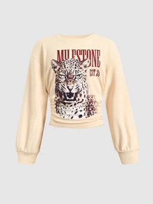 Tween Girl Teen Girls Tiger Print Pullover Tween Girl Sweatshirt, Waist Ruched Loose Casual Versatile School Back To School Autumn Winter New - Apricot - View 2