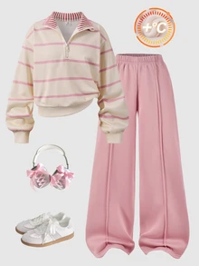 SHEIN Tween Girls Fall Winter Fleece Lined Striped Half Zip Sweatshirt And Solid Color Straight Leg Sweatpants Casual Cozy Knit Two Pieces Tracksuit 2pcs Set - Dusty Pink - View 1