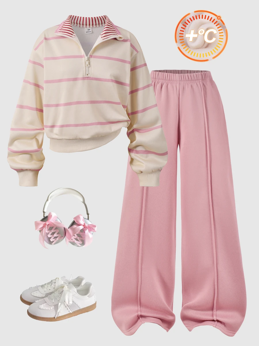 SHEIN Tween Girls Fall Winter Fleece Lined Striped Half Zip Sweatshirt And Solid Color Straight Leg Sweatpants Casual Cozy Knit Two Pieces Tracksuit 2pcs Set - Dusty Pink - View 1
