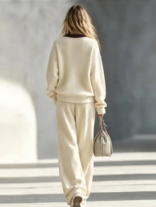 INAWLY Women's Casual, Minimalist Apricot-Toned Color-Block V-Neck Sweatshirt And Joggers Set-Suitable For - Multicolor - View 2