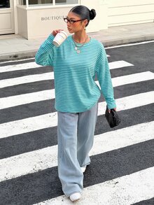 Muchica 女款寬鬆條紋露背綁帶長袖T恤，適合外出、返校、街頭穿搭，露背上衣 - 彩色 - 查看 5
