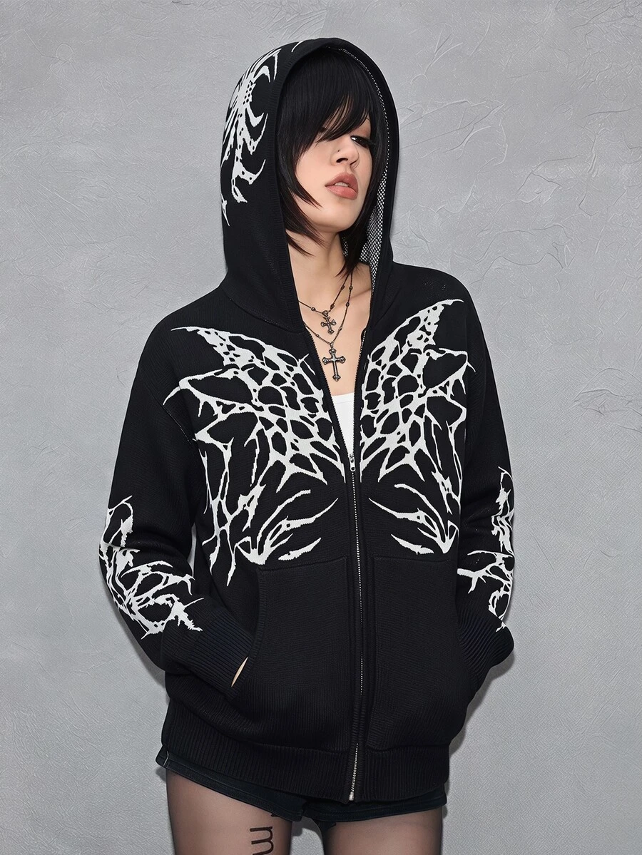 ROMWE Goth Women Abstract Graphic Contrast Zip-Up Hooded Knit Cardigan, Drop Shoulder Y2K Streetwear Sweater - Black - View 1