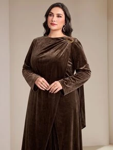 Veilorie Plus Size Women's Solid Color Long Sleeve Top And Pants Casual Daily 2 Pieces Set - Khaki - View 3