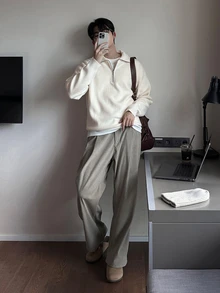 DAZY Men's Solid White Zip-Up Stand Collar Sweater, Autumn/Winter - White - View 4