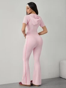 Dewbera Dewbera Women's Fall Sports Sporty Athleisure Set, Long Sleeve Front Color-Block Full Zip Contrast Color Jacket Regular Waist Tight-Fitting Pants Flare Pants - Pink - View 2
