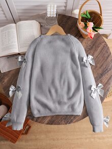SHEIN 青少年女孩休閒圓領長袖鏤空蝴蝶結針織衫，秋冬款 - 灰色 - 查看 3