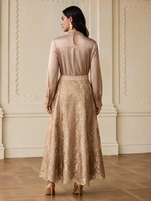 ZEYLAH Women's Solid Color Pleated Long Sleeve Top And Floral Embroidered Pattern Skirt Fashion 2 Pieces Set - Champagne - View 4