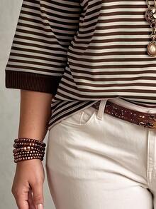 NostaNoir New Fashion Casual Basic Round Neck Contrast Collar And Cuffs Apricot Base With Coffee Striped Print Drop Shoulder Mid-Sleeve Plus Size T-Shirt - Multicolor - View 3