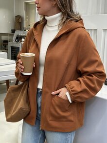 Easura Women's Plus Size Vintage Casual Hooded Zip-Up Short Loose Versatile Commute Jacket, Autumn/Winter - Brown - View 5