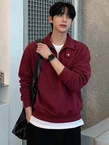 DAZY 男士純色 Polo 領可調節鈕扣設計套頭運動衫，秋冬季 1/4 拉鍊連帽衛衣 - 酒紅色 - 查看 3