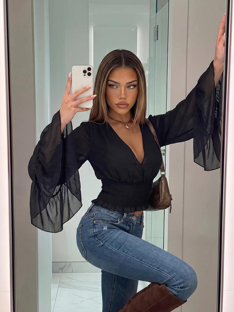 SHEIN ICON ملابس علوية نسائية من الشبك بخصر مطاطي مجعد - الأسود - مشاهدة 1
