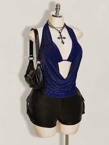 SHEIN ICON 大尺碼女款 2 件組夏季外穿亮片露背背心與細肩帶上衣，適合海灘、夏威夷派對、返校日、演唱會與夜店 - 藏蓝色 - 查看 7