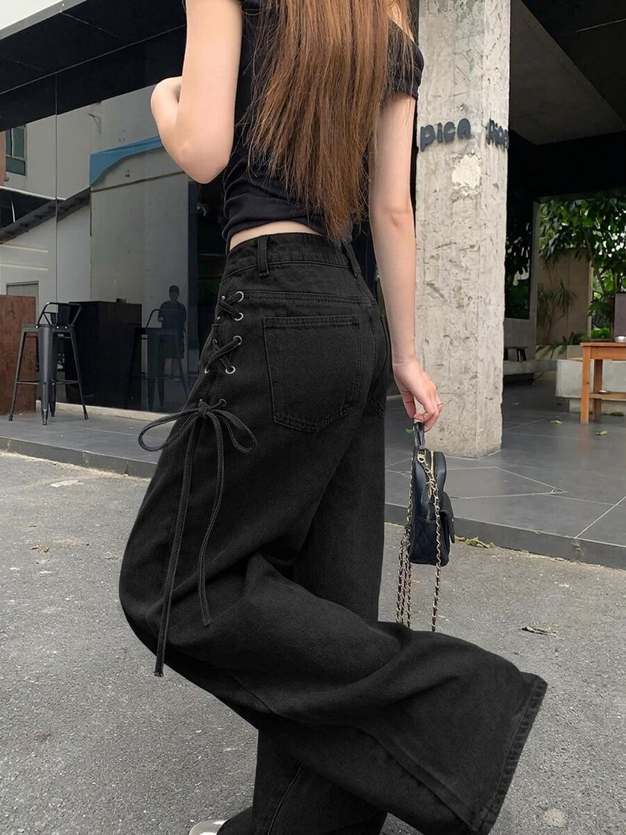 FRIFUL 女款休閒日常穿著牛仔褲,綁帶設計 - 黑色 - 查看 1
