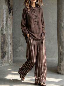 SHEIN Women's Solid Color Frog Button Design Long Sleeve Shirt And Striped Long Pants 2 Pieces Set - Brown - View 5