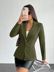 SHEIN PETITE 女款翻領單扣西裝外套，秋季/冬季辦公穿搭，適合嬌小身材女性 - 軍綠色 - 查看 4