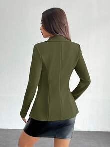 SHEIN PETITE 女款翻領單扣西裝外套，秋季/冬季辦公穿搭，適合嬌小身材女性 - 軍綠色 - 查看 2