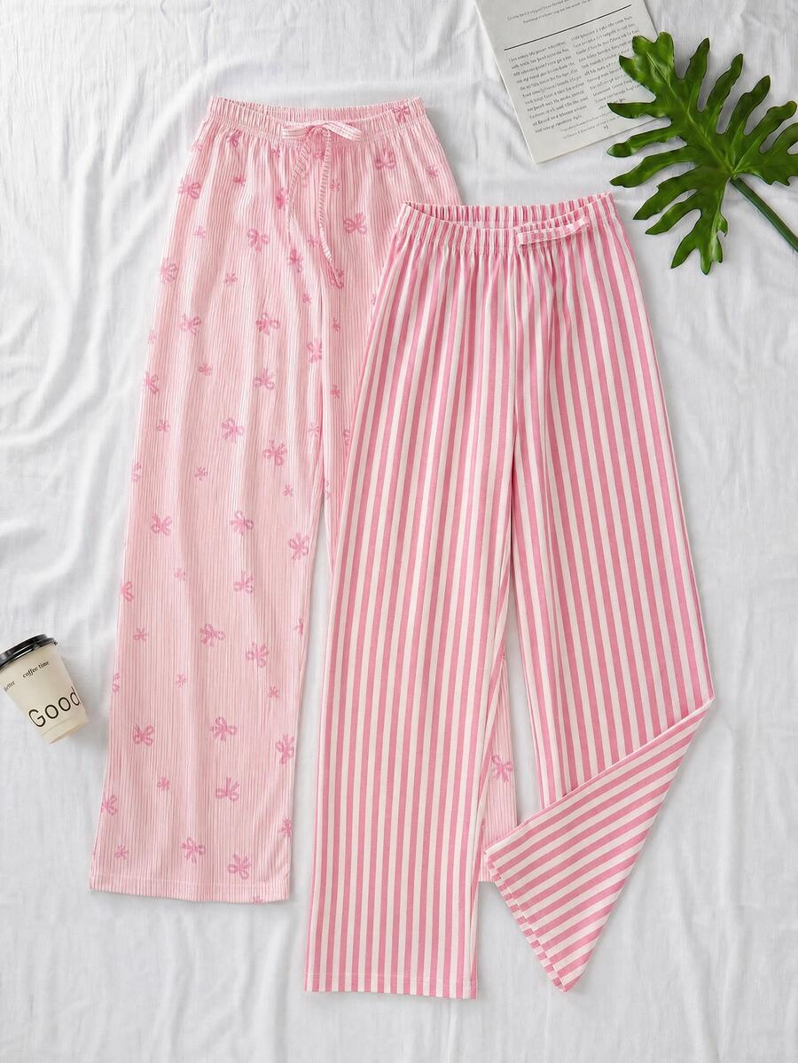 SHEIN Women Cotton 2 Pcs Fake Drawstring Solid Color Sleep Pants Home Wear Comfort Set - Baby Pink - View 1