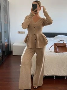 Livesso Women's Casual Solid Color Button V-Neck Sweater And Pants 2 Pieces Set - Coffee Brown - View 4