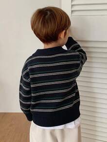 Hapijoa Sweater Rajut Tebal Garis Kontras Kerah POLO untuk Anak Laki-laki (Ukuran Kecil), Lapisan Dalam Dasar, Musim Gugur/Dingin - Navy Blue - View 2