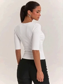 SHEIN BAE 女款極簡純色百搭日常穿著T恤 - 白色 - 查看 2