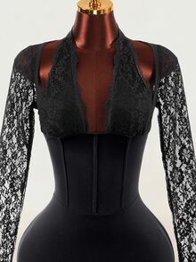 Mistrie Women's Black Sexy Lace Backless Party Long Sleeve Short Dress - Black - View 7