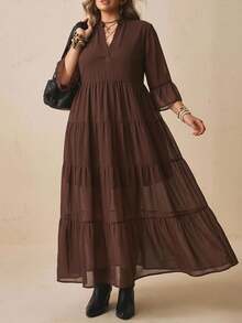 SHEIN VCAY Plus Size Women's Solid Color Notch V-Neck Bell Sleeve Elegant Dress - Coffee Brown - View 5