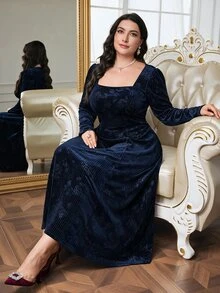 Modelyn Plus Size Women's Square Neck Embroidered Long Sleeve Elegant Dress - Navy Blue - View 6