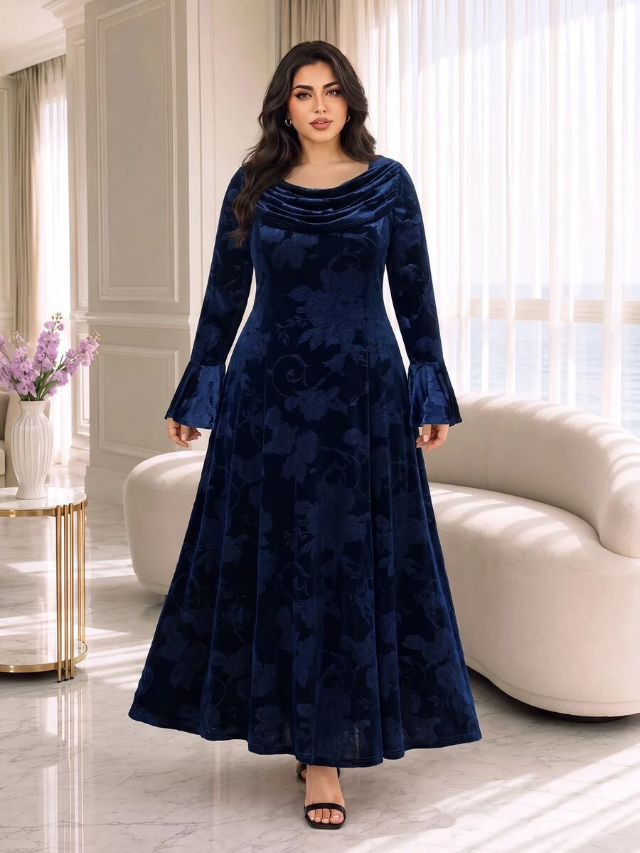 Modelyn Plus Size Women's Cowl Neck Floral Print Casual Party Dress - Navy Blue - View 1