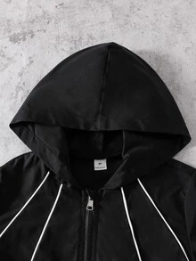 SHEIN 男孩 (大號) 黑色連帽夾克，白色芽條紋設計，適合四季與戶外穿著 - 黑色 - 查看 7