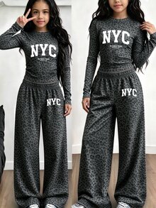 Tween Girls 1 Set Fall NYC Leopard Print Ruched Waist Long Sleeve T-Shirt & Wide Leg Pants Set, Casual Autumn Outfit - Multicolor - View 4