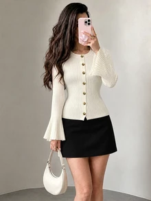 Modelyn Women's Flared Sleeve Button-Up Fitted Long Sleeve White Cardigan, Autumn/Winter - White - View 5