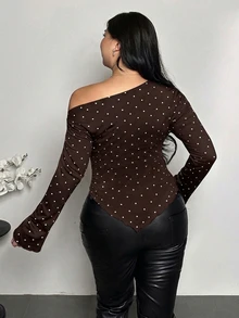 Firerie Plus Size Women Polka Dot Asymmetrical Shoulder Casual Daily Wear T-Shirt - Brown - View 2