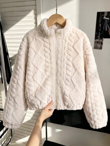 SHEIN 女童立領拉鍊珊瑚絨雙面提花方格菱格夾克，純色極簡加厚毛絨上衣，休閒短版外套，適合日常、上學與戶外穿著 - 杏色 - 查看 3