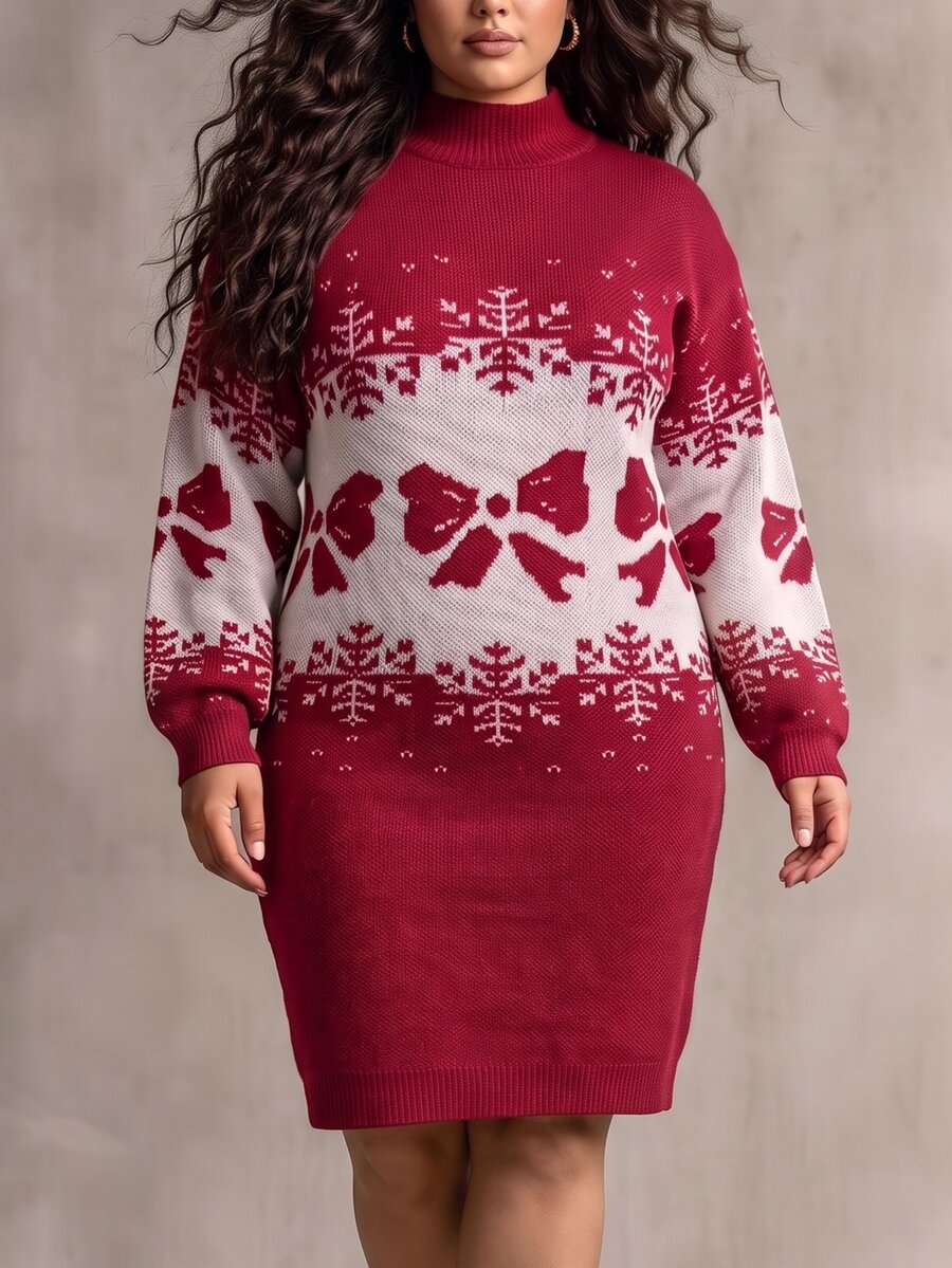 Cravure Autumn/Winter Plus Size Red Christmas Sweater Dress With Small Stand Collar, Bowknot And Snowflake Knit Skirt - Red - View 1