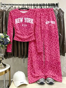 Conjunto de camiseta de manga larga con estampado de leopardo fucsia, letra y cintura fruncida & pantalones de pierna ancha, moda casual de otoño para niñas preadolescentes - Multicolor - Ver 4