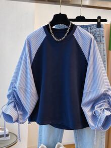 INAWLY Women's Patchwork Striped Raglan Long Sleeve Loose Casual Sweatshirt - Blue - View 3