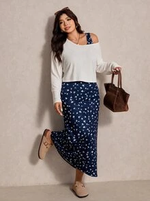 Elaquor Plus Size Solid Color Top & Ditsy Floral Dress 2 Pieces Set Elegant 2 Pieces Set For Women Fall/Winter Casual Daily Going Out 2 Pieces Set For Women - Navy Blue - View 5