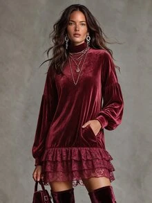 Solivie Women's Autumn Sweatshirt Top Red Velvet Sweatshirt With Contrast Lace - Burgundy - View 6
